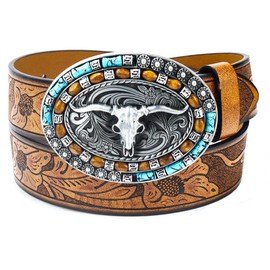Women Western Cowboy Belt - PU Leather Longhorn Bull Turquoise Embossed Buckle Belt for Jeans Pants Dresses