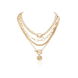 4PCS Layered Gold Necklaces Set for Women Gold Herringbone Paperclip Chain Necklace Retro Coin Medallion Pendant Necklace Cuban Chain Toggle Clasp Jewelry Gifts (Gold)