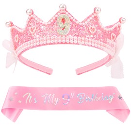 Chanaco 9th Birthday decorations Pearl Birthday Crown for 9 Year Old Girls 9th Birthday Sash and Tiara Outfit Pink Glitter Heart Headband Hair Accessories Cute Bow Headpieces for Party