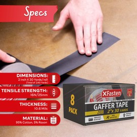 XFasten Black Gaffers Tape 2 Inch x 30 Yards (8-Pack, 720ft) Residue-free Matte Black Gaffer Tape 2 Inch Non-Reflective Easy-to-Tear Black Gaff Tape 2 Inch Floor Tape for Electrical Cords