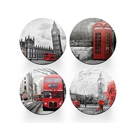 4 x Round London Coasters - Landmarks England GB UK Set Theme Women House Warming Circle Drinks Kitchen Table Decoration Décor Gift #77912