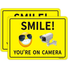 Smile You Are On Camera Signs CCTV Smiley Surveillance Signs 10 x 7 Inches Warning Safety Video Security Sign Metal Rust Aluminum Fade Resistant Easy Mounting Indoor Outdoor Use 2 Pack
