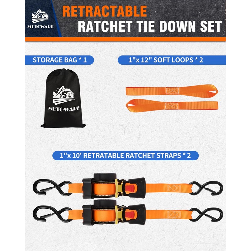 METOWARE Retractable Ratchet Straps (2-Pack) - 1 in x 10