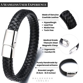 HALUKAKAH ● Solo ● Men's Genuine Leather Bracelet Classic Style Titanium Clasp with Magnets 8.46"(21.5cm) with FREE Giftbox