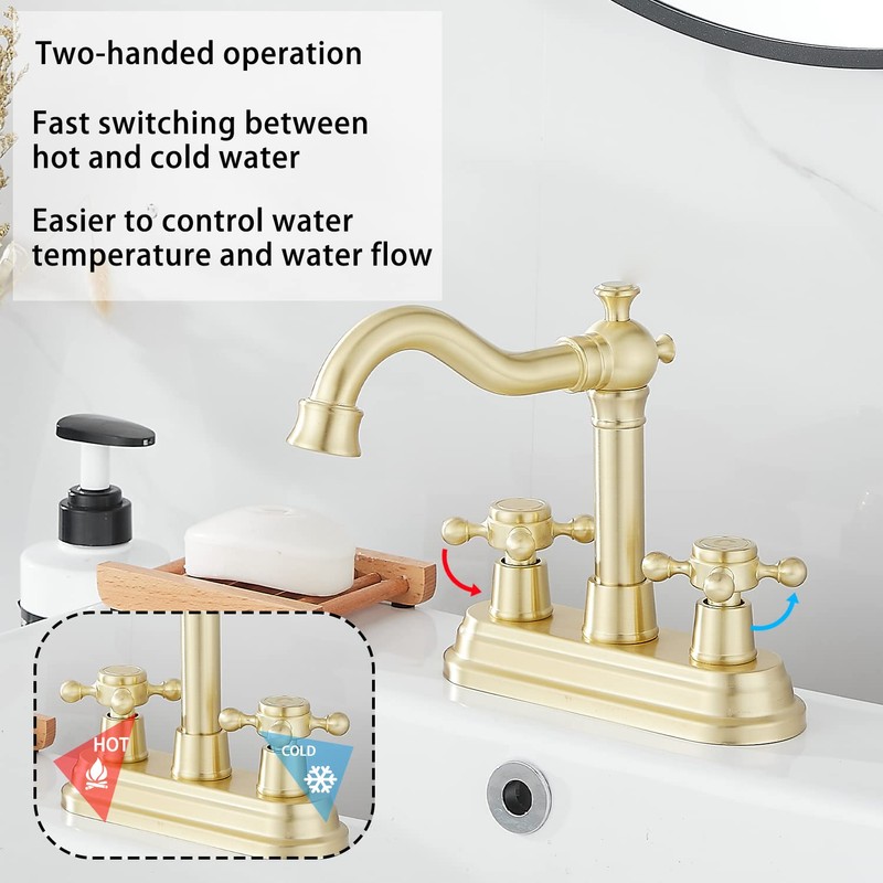 Bathroom Faucet Brushed Gold GGStudy 2 Handles 4 Inches Centerset