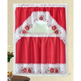 CityLux Linen 3pc Christmas Holiday Embroidered Kitchen Curtain Set (Poinsettia)