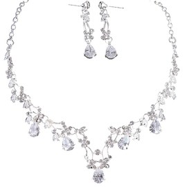 YOU&M White Gold Plated Glamorous Clear Crystal Wedding, Prom, Bridesmaids or Mother of Bride Necklace and Earrings Set, Alloy Steel, Cubic Zirconia