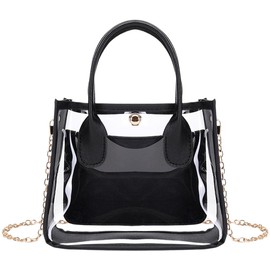 CALFOVERA Clear Tote Shoulder Bag for Women 2 in 1 Transparent PVC Crossbody Handbag Designer Black PU Leather Fashion Purse Bag with Top Handles and Chain Strap for Casual Travel Daily Use