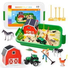 Carolart Farm Sensory Bin，Farm Animals Sand Kit with Sensory Sand，Barn Sandbox with Tractor，Sensory Play Sand Set for Kids 3 4 5 6 7