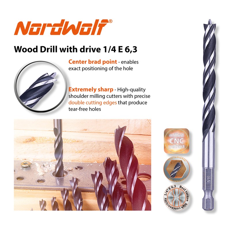 NordWolf 12-Piece Brad Point Wood Drill Bit Set for Carpenter