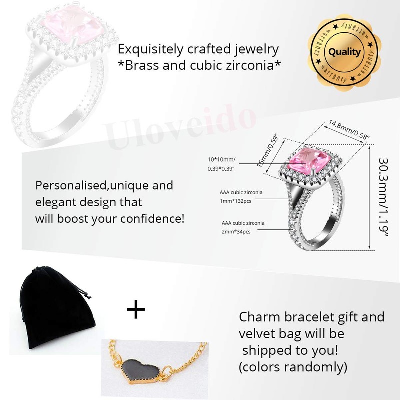 Uloveido Charm Sparky Square Pink Cubic Zirconia Wedding Ring for