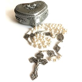 elegantmedical Handmade AAA 7-8MM Netural Real White Pearl Beads Catholic Lady of Fatima Rosary Cross Necklace Box case Womens (white)