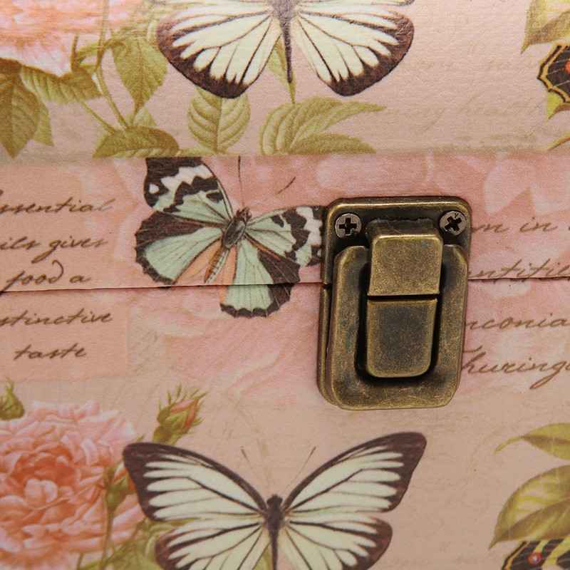 Treasure Chest Box Pink Butterfly Pattern Exquisite Retro Wooden PU