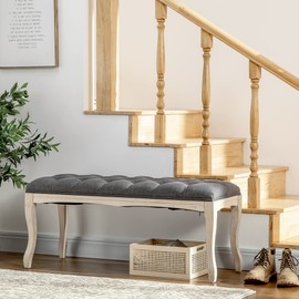 HOMCOM 43" Upholstered Entryway Bench, Linen Fabric Ottoman Stool with Button Tufted Seat, and Rubber Wood Legs for Living Room, Bedroom, or Hallway, Dark Grey