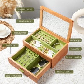 EURIELK Wooden Jewelry Box, Large Size Case, Natural Solid Cherry Wood Vintage Trinket Organizer with 2-Layer Storage, Drawer, Ring Compartments, Necklace Hooks, Glass Lid, ek06-b-cherry