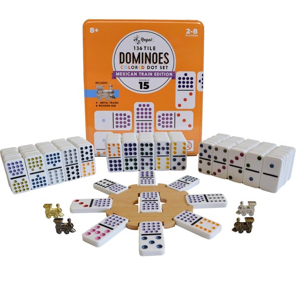 Regal Games Double 15 Colored Dot Dominoes Mexican Train Game Set with Wooden Hub, 136 Domino Tiles, 8 Metal Trains, and Collectors Tin