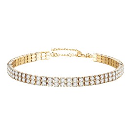 WangGao Stainless Steel 2 Row Rhinestone Hand Chain Sparkling Crystal Tennis Bracelets for Women Shiny Cubic Zirconia Bracelet Jewelry Bridal Wedding Bridesmaid,Gold Color