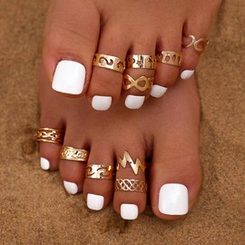 ALLGLAM 10pcs 14K Gold Plated Adjustable Toe Rings for Women Flower Arrow Band Open Tail Ring Women Beach Foot Jewelry Set