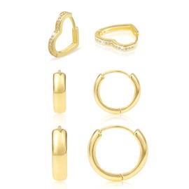 Juego de 3 pares de aretes de aro pequeños de oro de 14 quilates, hipoalergénicos, ligeros, para mujeres, Metal, Sin aplicación