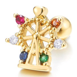 Women's Gold Ferris Wheel Stud Earring with Colorful Cubic Zirconia Whimsical Carnival Jewelry