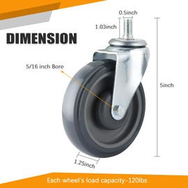 FLKQC 8 Pack 5" Shopping Cart Replacement Wheels Kit, Double Ball Bearing TPU Silent Wheels for Supermarket Carts, Cart Wheels Set with Hardware- 5 Inch Stem Threaded Caster Wheels (Grey)