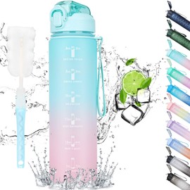 CodiCile Drinking Bottle 1 L, Water Bottle with Straw and Time Marking, Leak-Proof 1 Litre Water Bottle with Lid, BPA-Free Sports Water Bottle for Sports, Office, Bike, Running, Mint Green, Pink