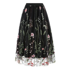 Floral Embroidered Skirts for Women: Knee Length Embroidered Flower Skirts - Summer Floral Embroidery Tulle Mesh 50s Vintage A-Line Black M