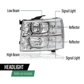 GRAND ORANGE Headlight Compatible with Chevy Silverado 1500 2007-2013 /Fit for 07-14 Silverado 2500HD 3500HD Chrome Housing Clear Reflector Replacement Lamp
