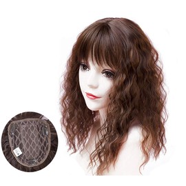 Crown Topper Hairpieces with Bangs for Women, Clip on Curly Wavy Synthetic Top Wiglet Hairpieces for Thinning Hair (17" Thin Light Brown)