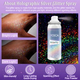 Yosca Body Glitter Spray, 3Pcs Holographic Silver Travel Shiny Glitter Spray for Body Hair Clothes Pride Accessories, Long-Lasting Shimmer Powder Hairspray for Festival Concert Party Rave Accessories