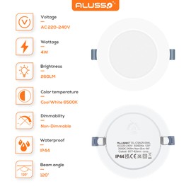 Alusso LED Recessed Spotlight, 230 V Ceiling Spotlights, Ultra Flat, 4 W, Slim Ceiling Spotlight, 6500 K, Cool White Spotlights, LED Set for Bathroom, Living Room, Set of 6