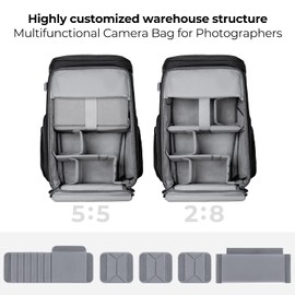 K&F Concept Camera bags Waterproof 25L Large Capacity Camera Case with Raincover Camera Case 15.6 Inch Laptop Compartment Compatible for Canon/Nikon/Sony/DJI Mavic Drone Travel Camera Backpack