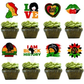 Lyosehy 48PCS Black History Month Cupcake Toppers - Black, Red, Green - 48 Pieces - Dessert Decorating Cupcake Toppers - Black History Month Party Supplies