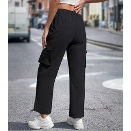Women's High Waisted Cargo Pants Baggy Trendy Hiking Parachute Pants with Pockets Y2K Cargo Trousers Drawstring Ankles Black