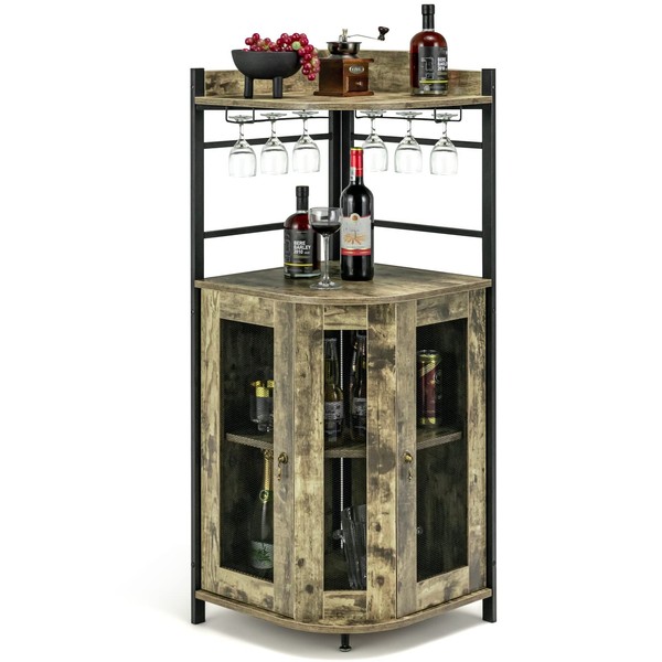 Giantex Corner Bar Cabinet with Glass Holder, Industrial Wine Cabinet with Metal Mesh Doors & Adjustable Shelf, Buffet Cabinet with Anti-tip Kit for Home Kitchen Dining Room Bistro