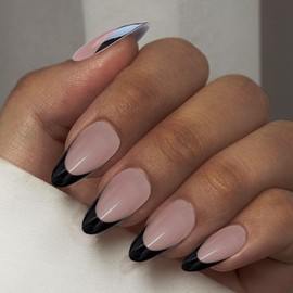 Hadutrek Black French Press On Nail, Short Almond French Tip, Stick On Nails for Women Girls Gift, Reusable Short Glue On Nails Kit