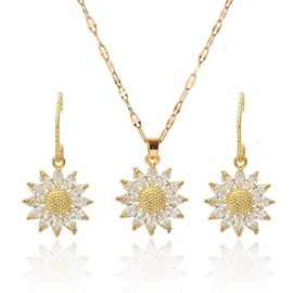 Collares de Mujer, Juego Collar Aretes de Girasol Chapado Oro 14K de Mujer con Regalo Cadena 45cm Longitud,Romántico Regalo de Mamá Esposa Boda Cumpleaños, Regalo del Día de Madre (Collar y Par Aretes)