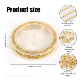 Gold Plated Chain Roll, Gold Plated Jewelry Making Chain Solid Brass Heart Chains, Gold Plated Solid Brass Cable Chain, Gold Plated Cable Link Chain Roll with 10 Lobster Clasps 50 Jump Rings