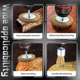 Wire Brush Drill, 12-Piece Brass Brush, Wire Brush Set with Hexagonal Bar, for Polishing, Grinding, Rust Removal and Deburring, 25 mm and 30 mm Pen Brush and 38/50/65/75 mm Flat Brushes