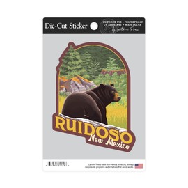 Die Cut Sticker Ruidoso, New Mexico, Black Bear in Forest, Contour Vinyl Sticker 3 to 6 inches, (Waterproof Decal for Cars, Water Bottles, Laptops, Coolers), Large