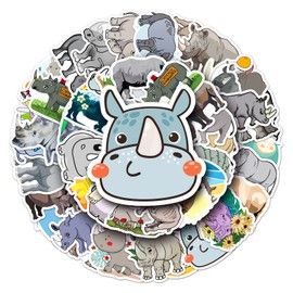 Cute Rhino Stickers,Cartoon 50 PCS Funny Rhinoceros Animal Vinyl Stickers,Laptops Water Bottles Computer Skateboard Journal Sticker Decals for Kids Teens Girls
