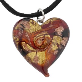 Glass Of Venice Italian Murano Glass Heart Necklace - Red Swirls Sparkling Handblown Heart Pendant On A Cord Made in Venice, Italy - Murano Love Heart Necklace for Women