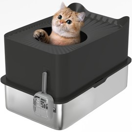PawHut XL Stainless Steel Litter Box, Extra Large Enclosed Cat Litter Pan with High Wall Sides, Scoop, Top Entrance, Non-Slip Pads, Anti-Urine Leakage, Non-Sticky, Black