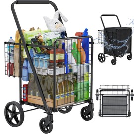 Folding Shopping Cart with Waterproof Bag, Grocery Cart with Encrypted Mesh Bottom, 23 Gal Double Basket & 360° Swivel Wheels, 260 Lbs Heavy Duty Shopping Carts for Groceries, Laundry