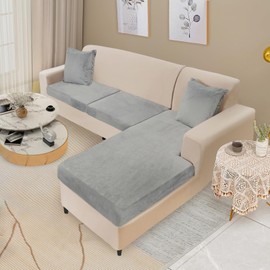 NAISI Sectional Couch Cover 3 Pieces Velvet Separate Couch Cushion Covers L Shape Soft Stretch Sofa Slipcovers with 2pcs Pillowcases for Left/Right Chaise Sectional Couch(2 Seater+1 Chaise,Light Grey)