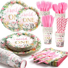Teenyyou 225 Pcs Wild One Birthday Decorations Tableware Set Serves 25 Safari Birthday Party Supplies with Disposable Plate Napkin Cup Straw Cutlery for 1st Bday Baby Shower Jungle Party(Pink)