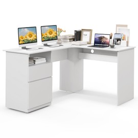 Giantex L Shaped Computer Desk with Drawers, 59" Corner Desk Workstation with Storage Shelf & Cable Holes, Large Executive Office Desk, Modern Study Writing Table for Home Office (White)