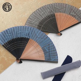 Osaka Choseido Folding Fan, Men's, Stylish, Business, Folding Bag with Handkerchief, Set with Two-Color Bone Shorty Garnish-Type, gray