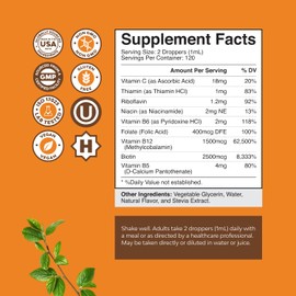 Vegan Vitamin B Complex Liquid - 9-in-1 Liquid B Complex Vitamins for Women & Men with B1 B2 B3 B5 B6 B7 Folate Methyl B12 Plus Vitamin C - Super Concentrated Non GMO & Naturally Flavored (240svg)