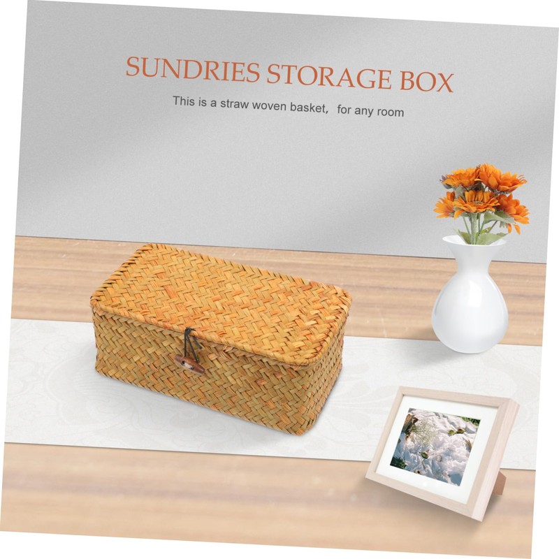 ABOOFAN Straw Woven Basket with Lid Small Sundries Storage Box